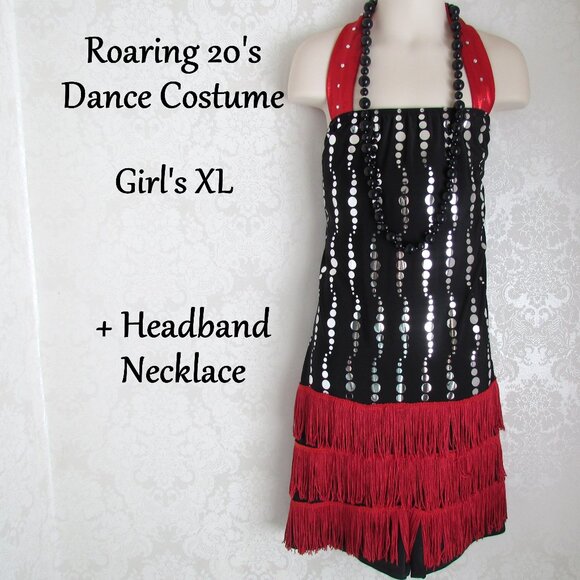 GIRL'S XL DANCE COSTUME, ROARING 20s FLAPPER WEISSMAN BLACK w RED FRINGE, EXTRAS - Picture 2 of 10